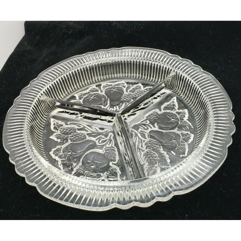 Fruit Stamped Relish Dish with 3 Sections Pressed Glass